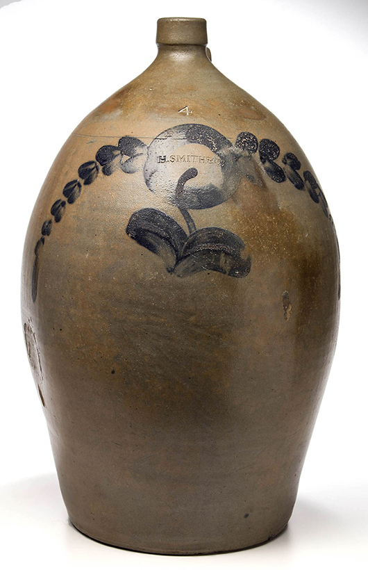 Stamped ‘H. Smith & Co.’ Alexandria, Va., decorated 4-gallon stoneware jug, circa 1825-1831. Price realized: $12,650. Jeffrey S. Evans & Associates image
